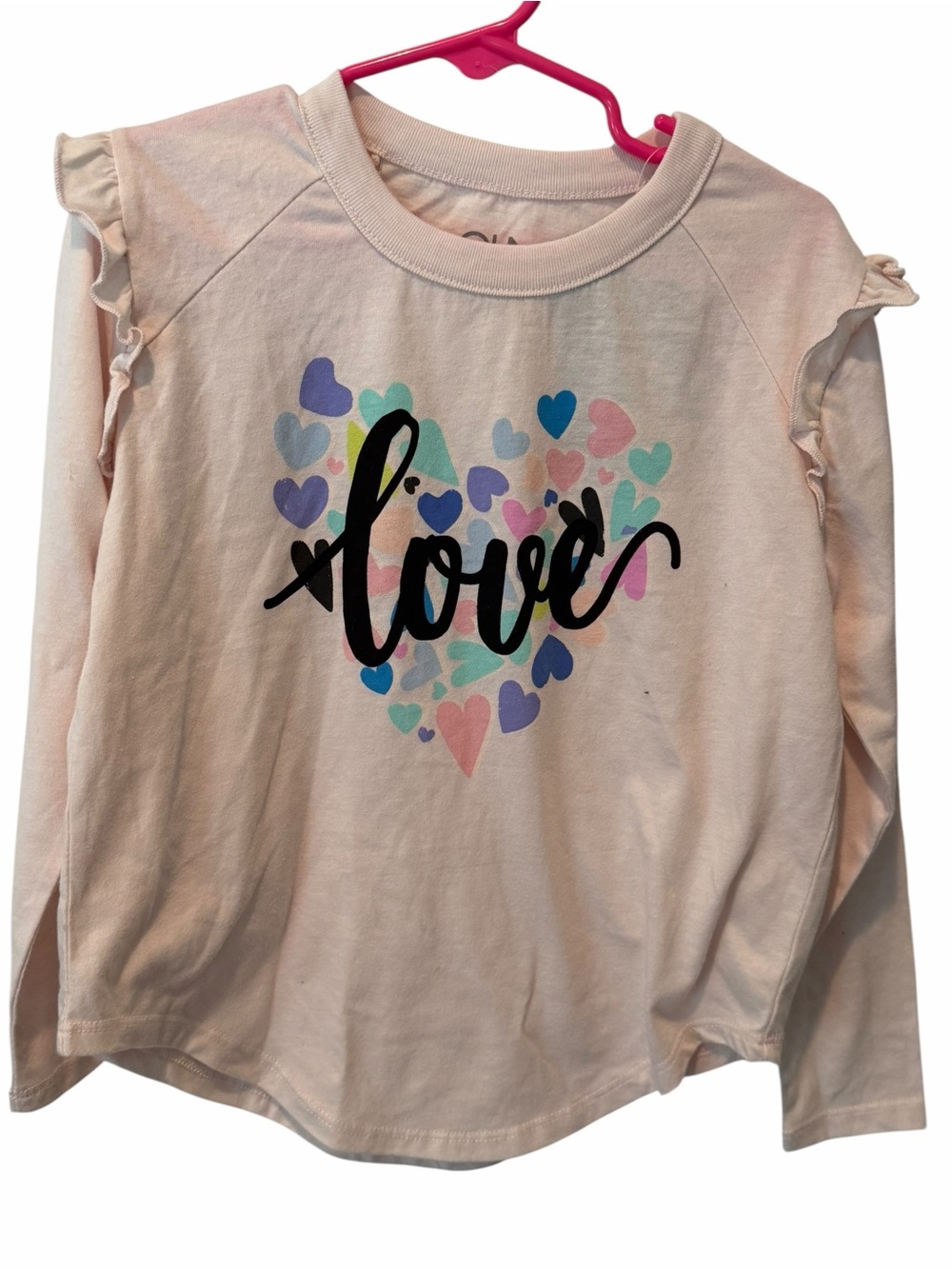 Chaser Kids Pink Love Heart Graphic Long Sleeve Ruffle Tee Size 6 NWT